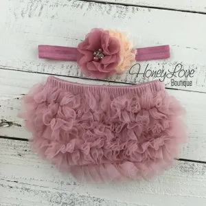 Vintage Pink ruffle bottom bloomers and vintage pink/peach flower headband