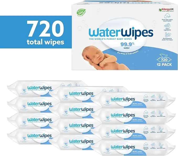 WaterWipes Original Biodegradable Baby Wipes, 99.9% Water Based Wet Wipes & Unscented for Sensitive Skin, 720 Count (12 packs)