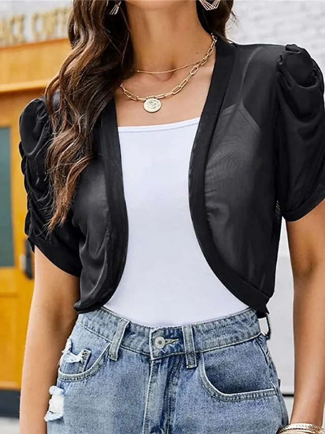 Women's Casual Jacket Street Daily Wear Vacation Spring Fall Short Coat Loose Fit Windproof Breathable Stylish Chic & Modern Street Style Jacket Short Sleeves Pure Color with Pockets Black White