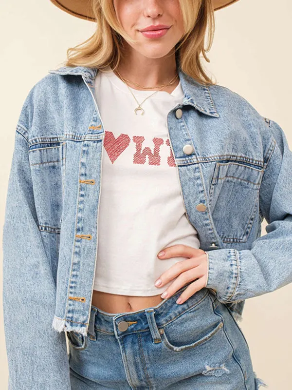 Women's love sequin denim jacket raw edge short top