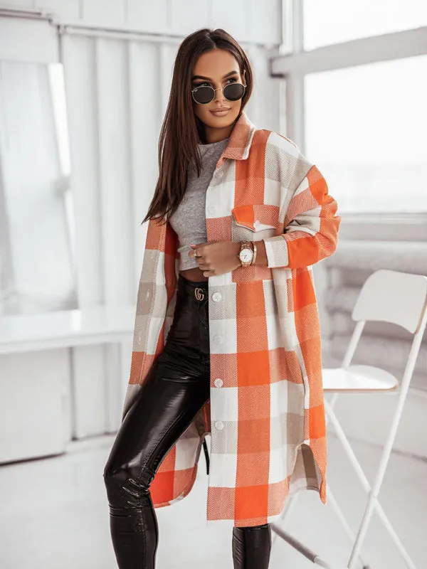 Women's new color flannel plaid long windbreaker fashionable shirt woolen jacket