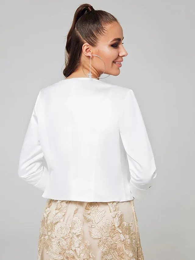 Women's Satin Long Sleeve White Open Front Bolero Shrug Coats Jackets Casual Elegant Pure Color Open Front Slim Fit For Party Evening Mother of Bride  Wedding Guest Simple Wedding Wraps Spring & Fall