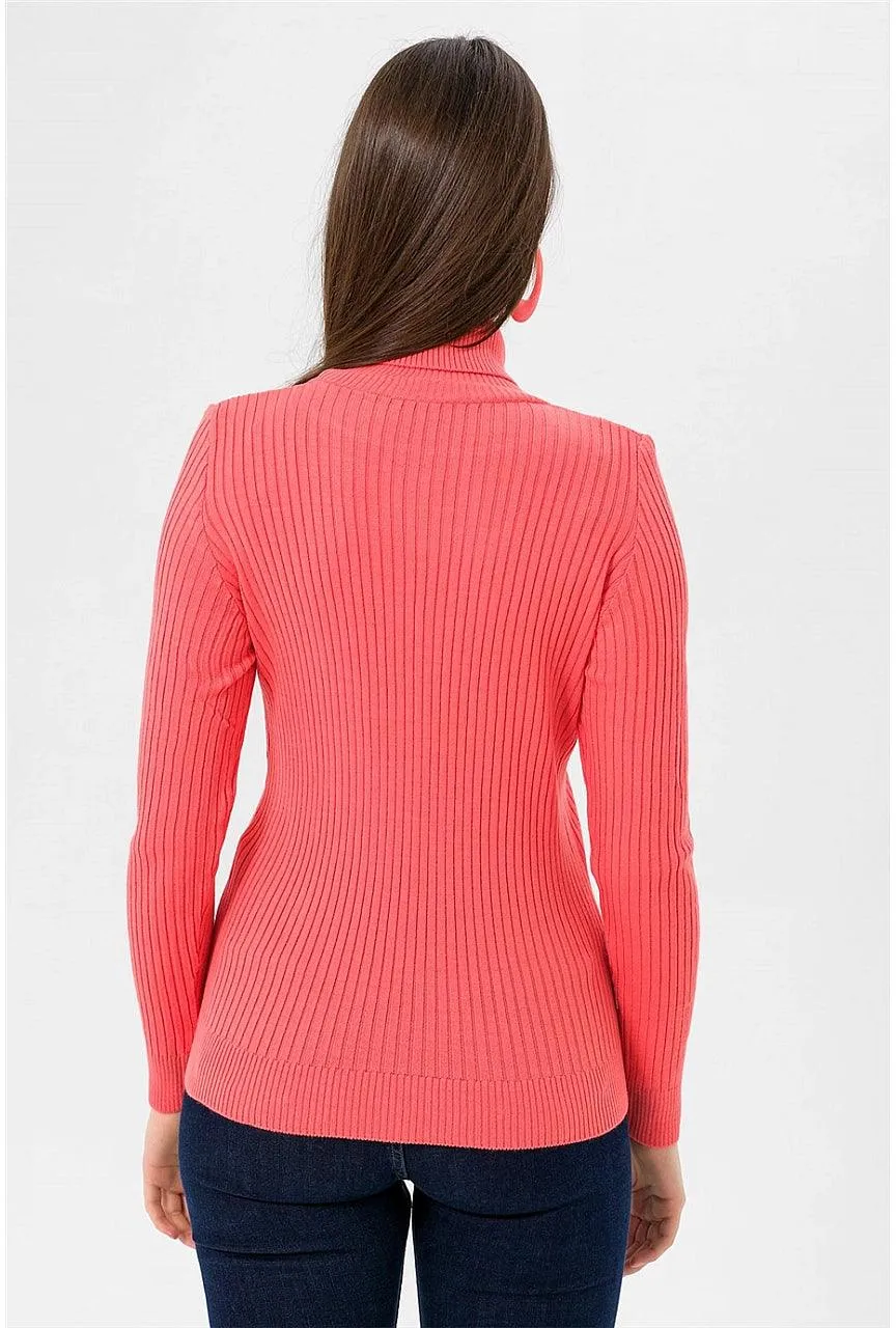 Women's Turtleneck Knitted Sweater - Vibrant Coral Color