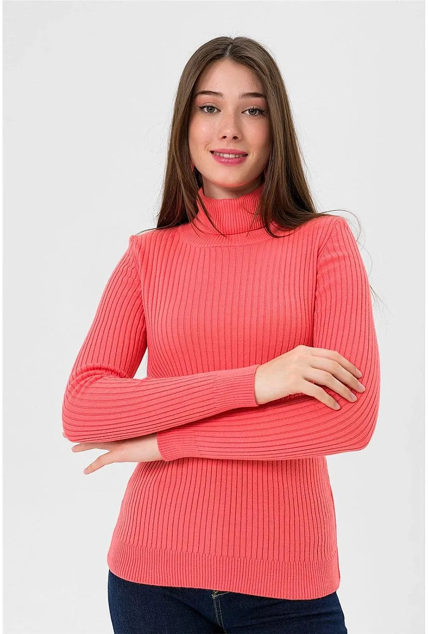 Women's Turtleneck Knitted Sweater - Vibrant Coral Color